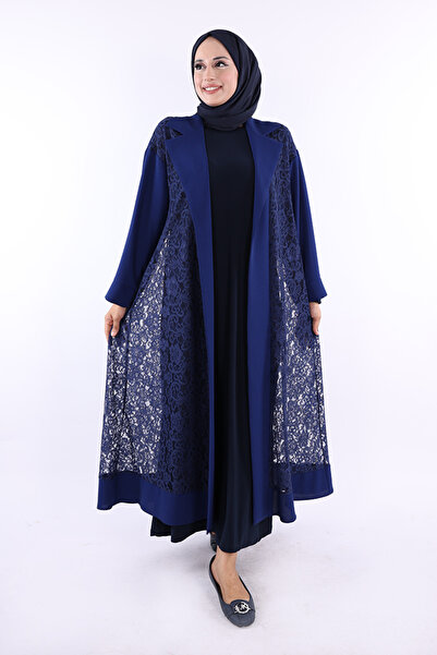 Bym Fashion Yakalı Dantel Güpür Detay Abaya 7830 Lacivert
