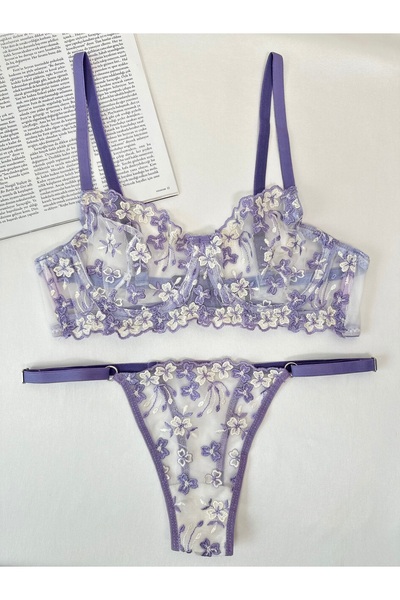 kiari Екрю Ліла Квітовий Візерунок Без Ковпачків Броде Комплект Нижньої Білизни