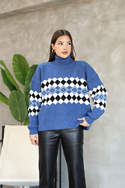 ALCHON Gât cu mânecă lungă, elastic la gleznă, lejer, confortabil, model lat, model jacquard, tricotaj de iarnă, pulover