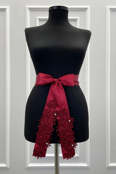 ZEYMERADE Bordo Güpürlü Gelin Kuşağı, Lüks Taş Ve İncili Gelin Kurdelesi, Gel...