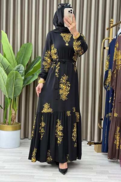 Generic Brand Elena Dress Viscose Fabric Women's Black Mobile Belted Patterne...