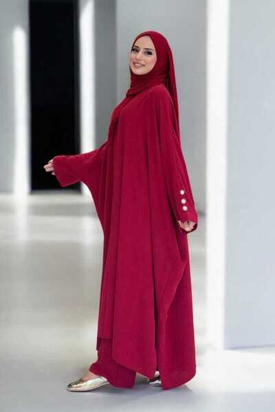 Bym Fashion Tunic Trousers with Sleeve Button Detail Double Set 8688 Claret Red