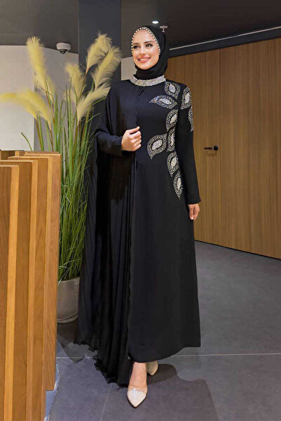 Bym Fashion Taş Detaylı Pelerinli Elbise 3938 Siyah
