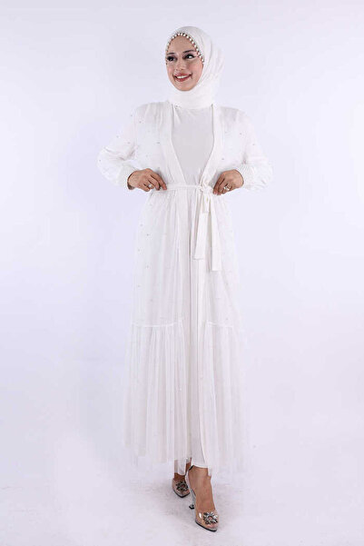 Bym Fashion İncili Abaya Ve Elbise Takım 8491 Ekru