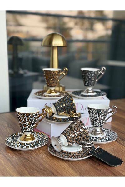 Hediye Köşkü طقم قهوة فاخر من البورسلين بنقشة الفهد يتسع لـ 6 أشخاص