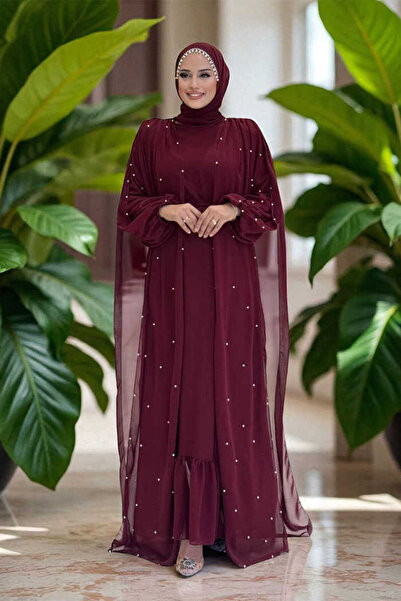 Bym Fashion Pearl Detailed Cape Dress 3973 Burgundy
