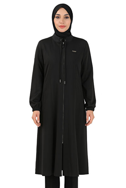 Doque Siyah Kapüşonlu Fermuarlı Tesettür Kap - Rahat Günlük Dış Giyim