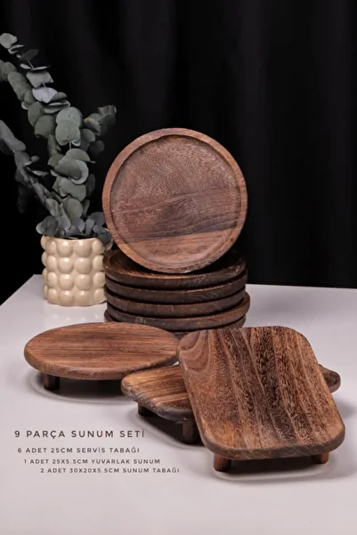 Bambum 9 Piece Pavlonya Rustic Wooden Presentation Set – Round and Rectangular Footed Serving Plates