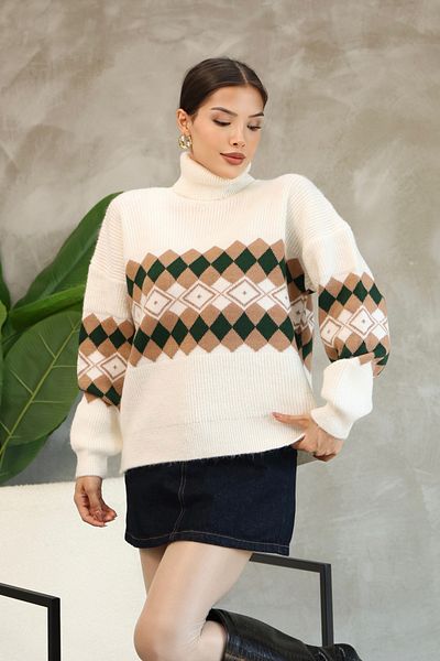 ALCHON Turtleneck Long Sleeve Ankle Elastic Loose Comfortable Wide Fit Argyle Jacquard Pattern Winter Knitwear Sweater