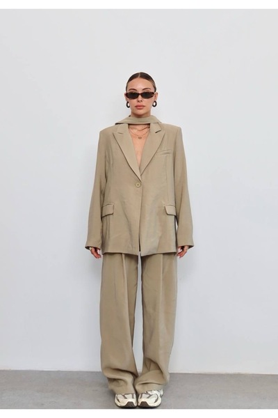 AÈC PRIVÈ Women's Shawl Detailed Lined Blazer Jacket Pants Suit 7777 (100% Cotton, Non-Pilling)