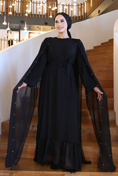 Bym Fashion Pearl Detailed Cape Dress 3973 Black