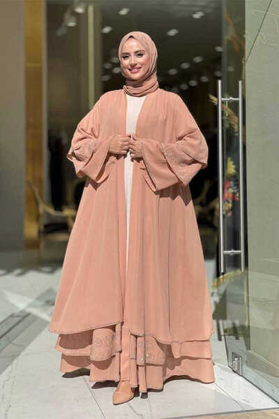 Bym Fashion Taş Detaylı Şal ve Abaya İkili Takım 70001 Taba