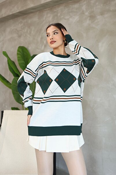 ALCHON Round Crew Neck Long Sleeve Loose Comfortable Fit Square Diamond Pattern Jacquard Winter Knitwear Sweater