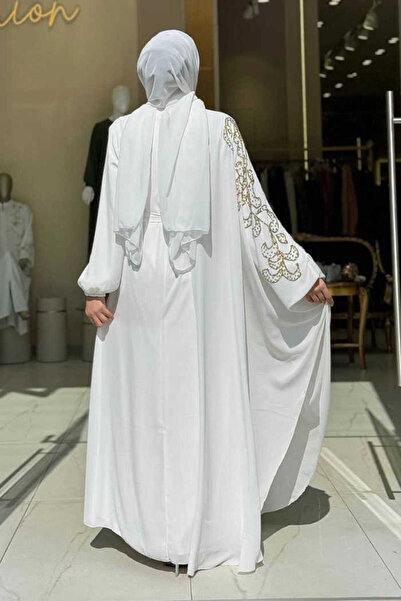 Bym Fashion Stone Detail Cape Dress Set 3939 Ecru