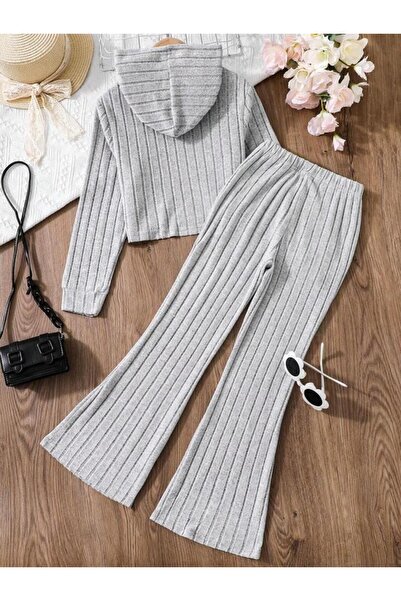 MORNİNG KİDS Girl's Gray Corduroy Knitted Fabric Hooded Sweatshirt-Spanish Leg Trousers Set