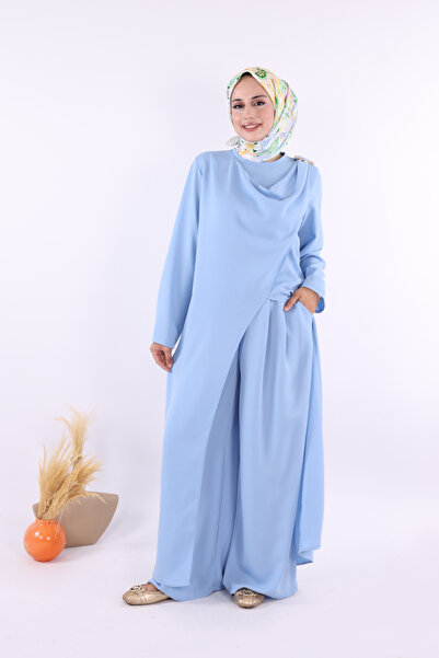 Bym Fashion One Shoulder Gold Buckle Detailed Tunic Trousers Set 8698 Baby Blue