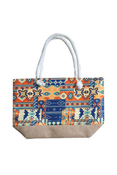 cantasepette Etnik Kilim Desen Temalı Fermuarlı Plaj Çantası
