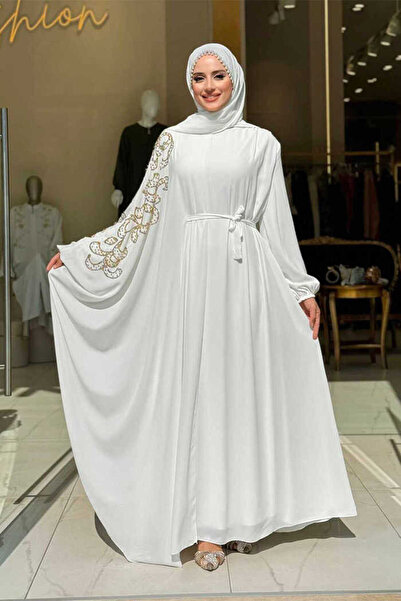 Bym Fashion Stone Detail Cape Dress Set 3939 Ecru