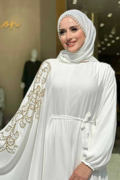 Bym Fashion Stone Detail Cape Dress Set 3939 Ecru