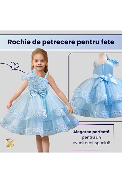 One Derya Rochie elegantă de petrecere pentru fete, fustă midi din tul cu volane, paiete, fundă din satin, perle decorative