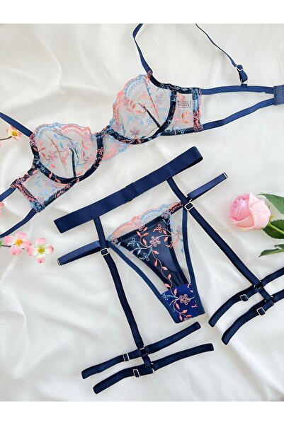 kiari Σετ εσωρούχων με μπλε ναυτικό χρώμα, χωρίς καπάκι, με λουράκια και ζώνη, 3 τεμάχια