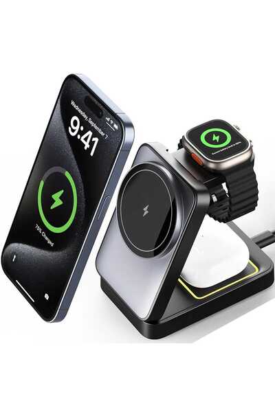 Elindor Încărcător magnetic 3 în 1, MagSafe, 15 W, pliabil și portabil, pentr...