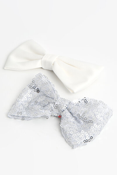 lilico Girl's 2-Piece Silver White Sequin Matte Satin Bow Tie Clip Buckle