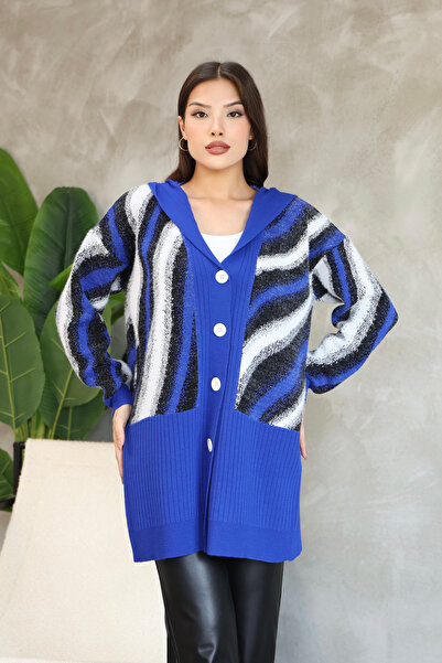 ALCHON V-Neck Hooded Buttoned Furry Long Sleeve Crumpled Pattern Color Gradient Winter Midi Length Knitwear Cardigan
