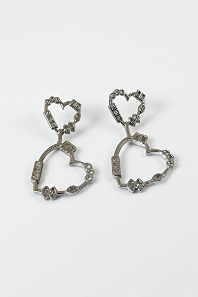 TAKIŞTIR Silver Color Heart Figured Stone Detailed Earrings (Pair)