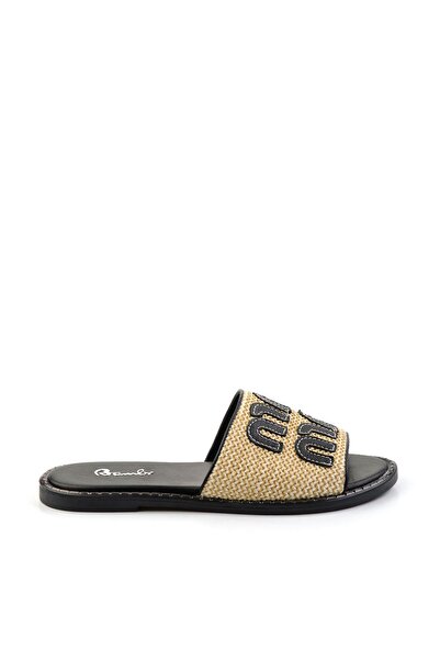 Bambi Bej Siyah Leather Kadın Terlik K04073102128
