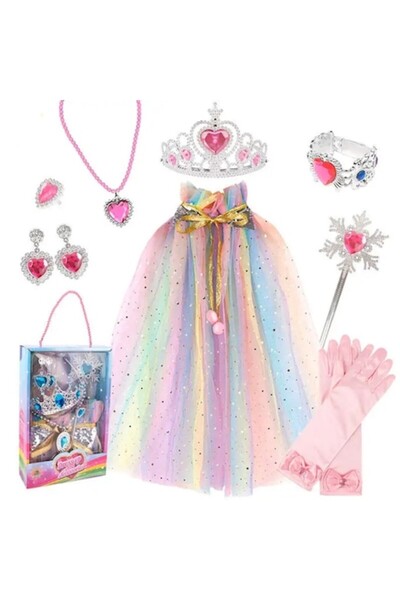 One Derya Set costum de printesa, mantie culori curcubeu, manusi, diadema, bagheta, colier, inel, cercei, brat