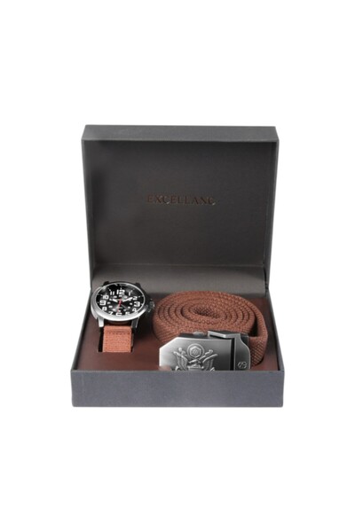 Excellanc Set cadou barbati ceas si curea maron,