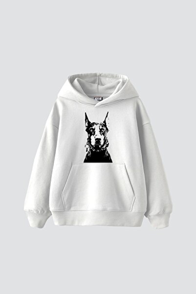 Sekizbiraltı Hanorac alb oversize unisex cu imprimeu Doberman negru