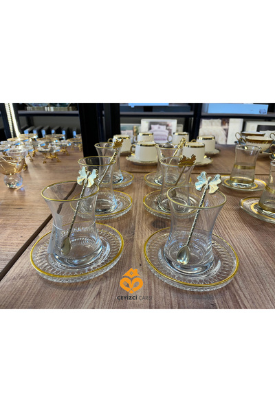 ÇEYİZCİ ÇARŞI ARADIĞIN HERŞEY TEK TIKLA 18 Parça Gold Detaylı Çay Seti – Kelebek Çay Kaşıklı Gold Çay Bardaklı ve Gold Kenarlı Çeyizlik