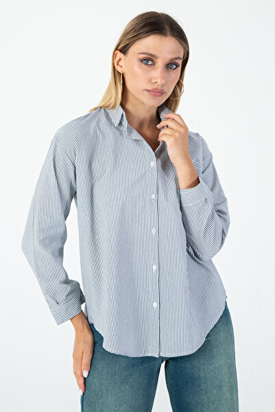 Nuevo Γυναικείο μακρυμάνικο πουκάμισο σε μπλε ναυτικό χρώμα με ρίγες και τσέπ...