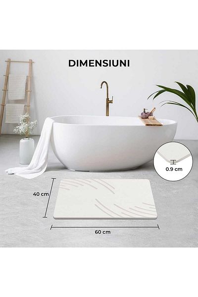 Elindor Universal Diatomite Bath Mat Modern, Non-Slip, Fast Absorbent, 60 x 40 cm, Light White
