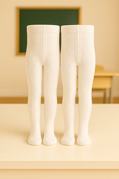 Pico Baby Girl's Cotton Floral Patterned Pantyhose White School Socks 2-Piece