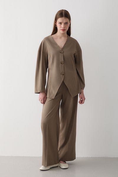 JASTE Women's Khaki V Neck Button down Jacket & Elastic Waist Pants Bottom & Top Set
