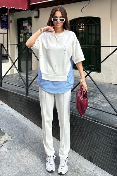 Ded COLLECTION Women's Pearl Embroidery Striped Shirt Detailed Round Neck Short Sleeve Modal Suit