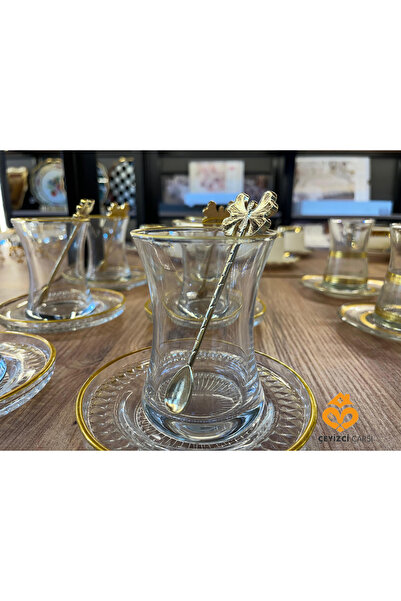 ÇEYİZCİ ÇARŞI ARADIĞIN HERŞEY TEK TIKLA 18 Parça Gold Detaylı Çay Seti – Kelebek Çay Kaşıklı Gold Çay Bardaklı ve Gold Kenarlı Çeyizlik