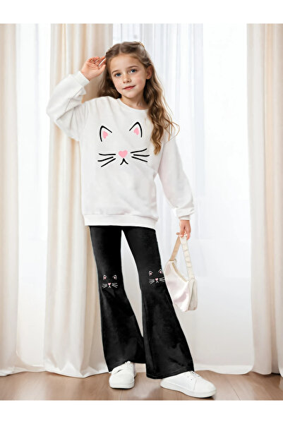 MORNİNG KİDS Set de hanorac alb cu imprimeu pisicuță pentru fetiță - Set de j...