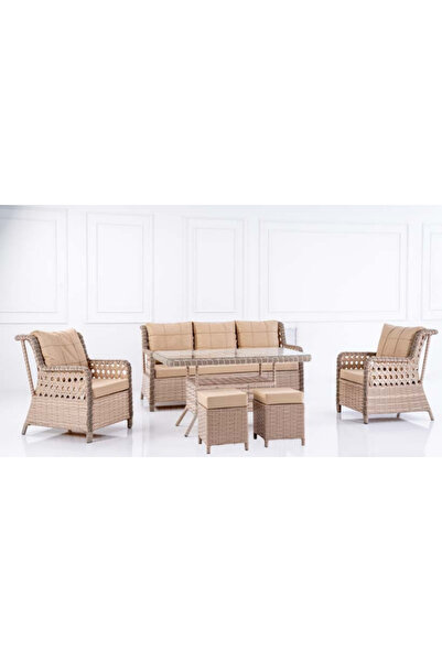 Perlasee Doğal Hasır Görünümlü Bahçe Balkon Oturma Grubu 6 Parça – (3+1+1+mas...