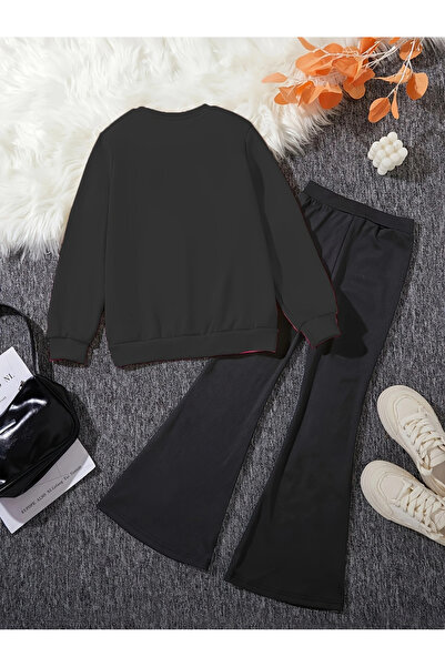 MORNİNG KİDS Hanorac negru cu decolteu rotund cu imprimeu de ursuleț leopard pentru fetiță - Set de jambiere spaniole