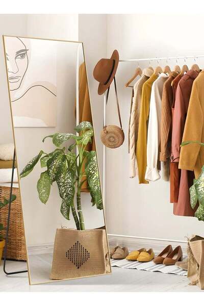 Taimi Large Mirror With Elegant Design 155x45cm-full Length Mirror With Gold Metal Frame And Back Stand