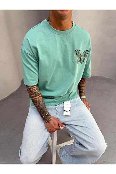 KağanKY Fluture cu imprimeu Verde apă supradimensionat tricou