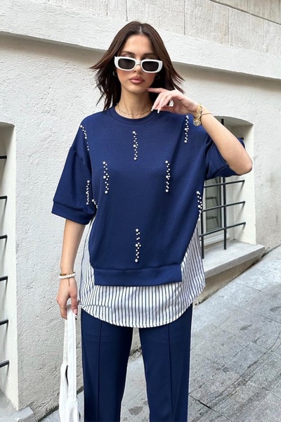 Ded COLLECTION Women's Pearl Embroidery Striped Shirt Detailed Round Neck Short Sleeve Modal Suit