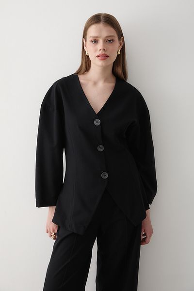 JASTE Women's Black V Neck Button Jacket & Elastic Waist Pants Bottom & Top Set