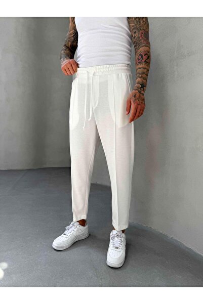 KağanKY Παντελόνι Boyfriend από λευκό ύφασμα βάφλα