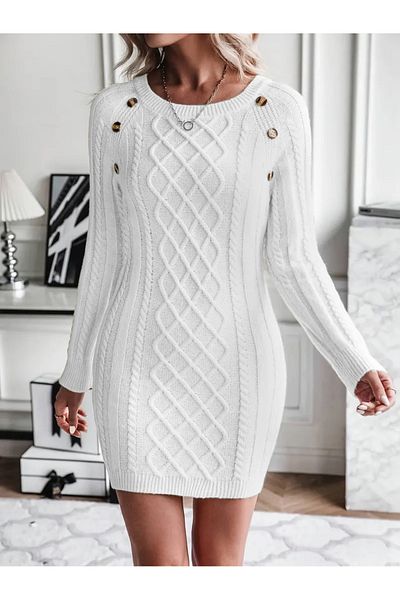 hanope Women's Boat Neck Hair Weave Jacquard Pattern Button Detailed White Knitwear Elegant Dress