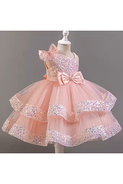 One Derya Elegant Party Dress for Girls, One Derya, Salmon Pink, 120 cm